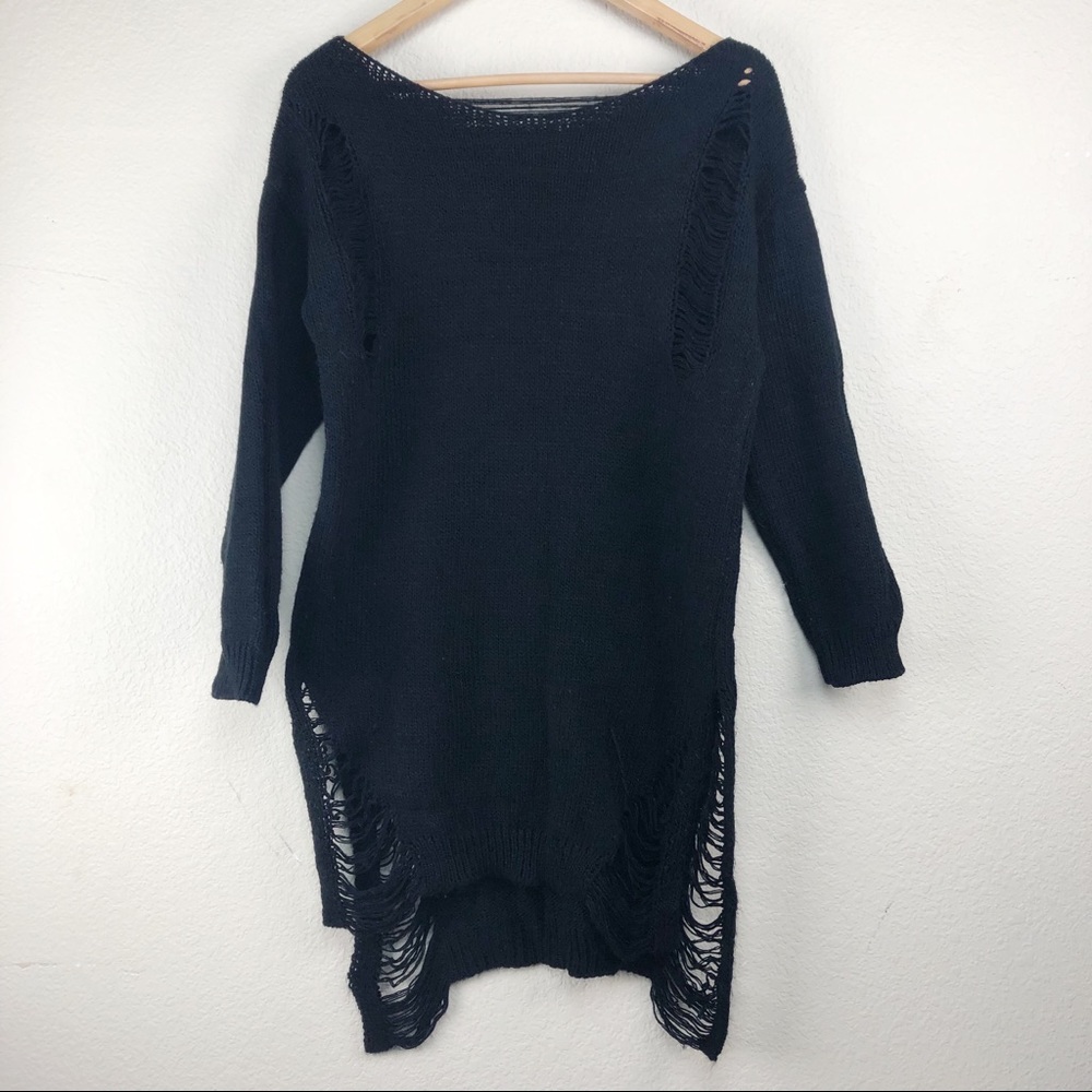 Distressed Frayed Black Grunge Sweater Dress Med